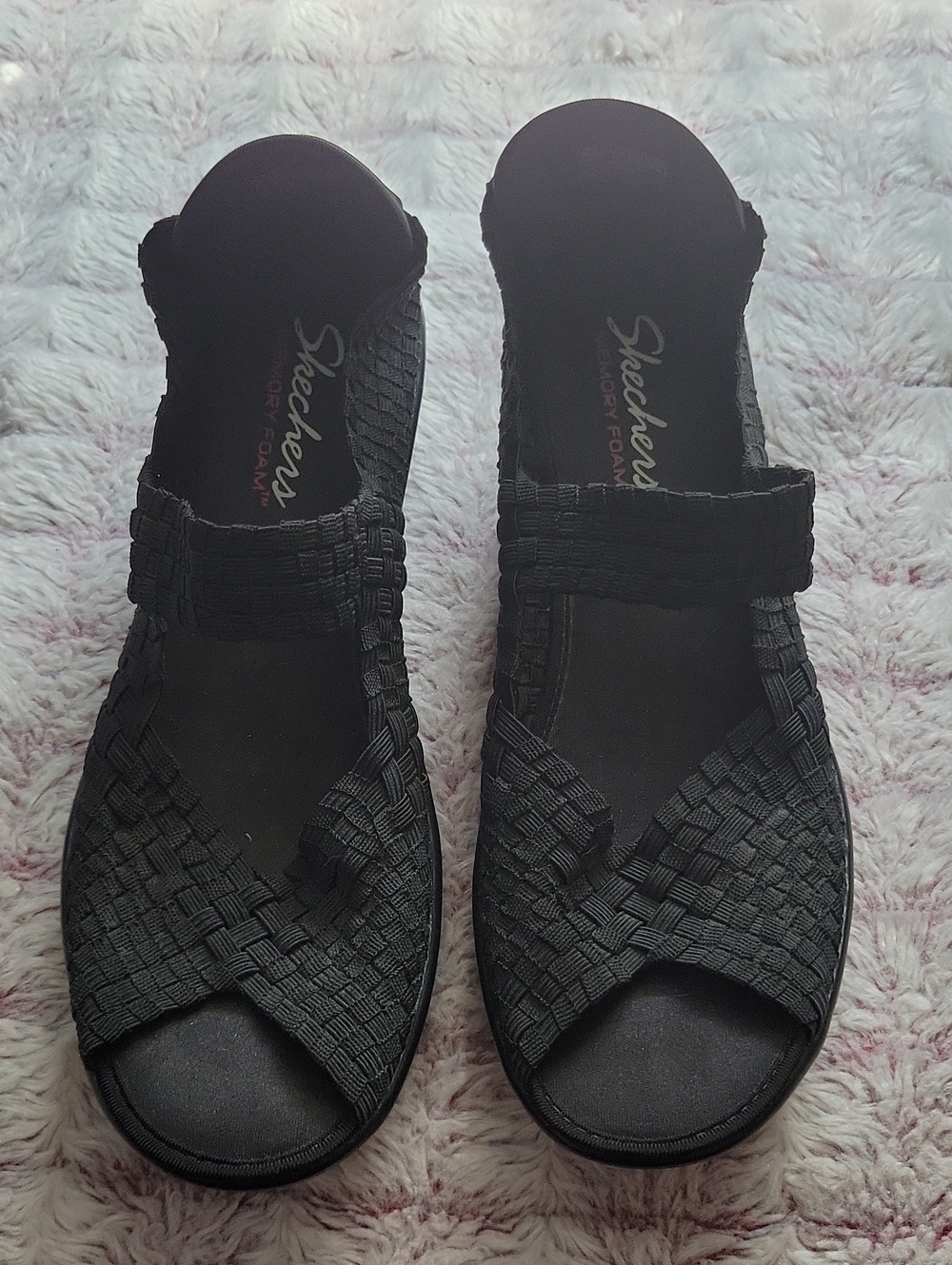Skechers Parallel Midsummer's Weave Black Wedge Open Toe Sandals 8.5 Memory Foam
